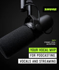 SM7dB Dynamic Studio Mic With Built In Preamp For Podcasting, Streaming, And Vocal Recording, black microphone on stand