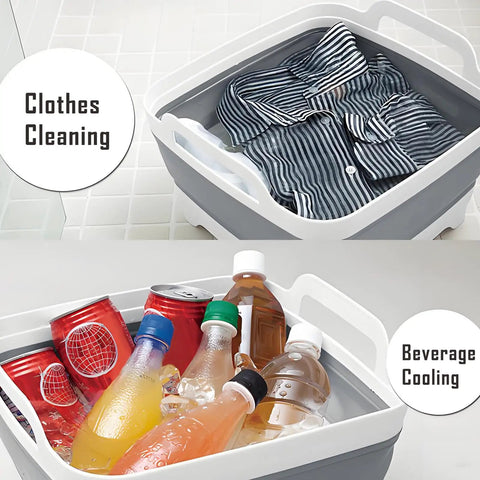 Collapsible Dish Basin With Drain Plug And Drainer 9L 2.4 Gallon Portable Wash Basin shown cleaning clothes and cooling beverages