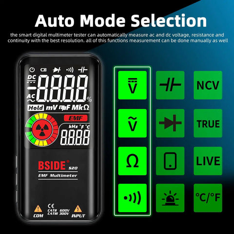 Rechargeable Multimeter And Voltage Tester Kit With Color LCD EMF Detector And EBTN Display Handy Slick Black Model S20