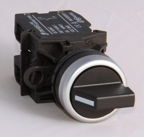 Black rotary switch component with silver trim and labeled indents on each side, designed for use with industrial control systems.