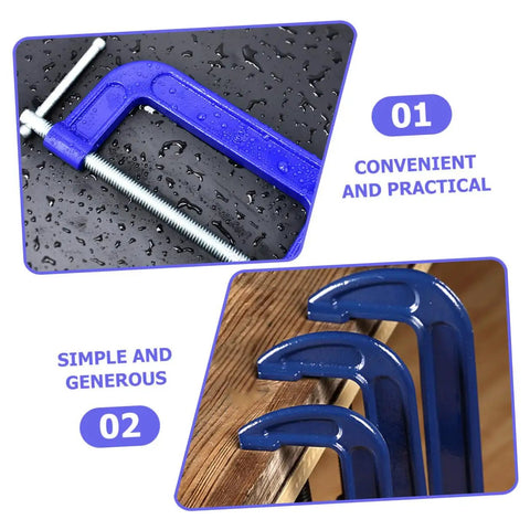 Heavy Duty 4 Inch Woodworking G Clamp With Quick Release Table Mount For Secure Workholding In Carpentry And Woodworking Projects A Solid Clamp That Delivers Strong Grip And Precise Results, showing metal clamps on wood surfaces