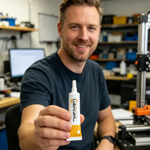 Man holding tube of Heavy Duty 3D Printer Lubricant Grease For Smooth Axis Guides Lead Screws Rods And Gears High Performance Silicone Oil