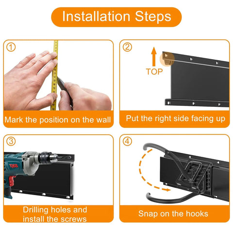 Installation steps for Wall Mounted Bike Storage Rack With Shelf, 6 Bike Hangers For Garage, Space Saving Wall Mount Holds Up To 600 Lbs, Includes Two Storage Shelves For Helmets And Gear