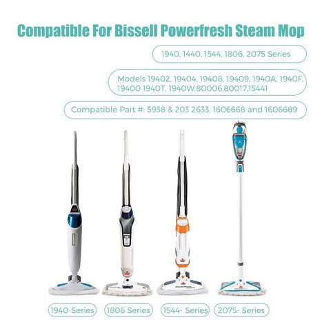 Four models of Bissell PowerFresh steam mops compatible with Six Pack Steam Mop Pads Replacement For 1940 Series washables.