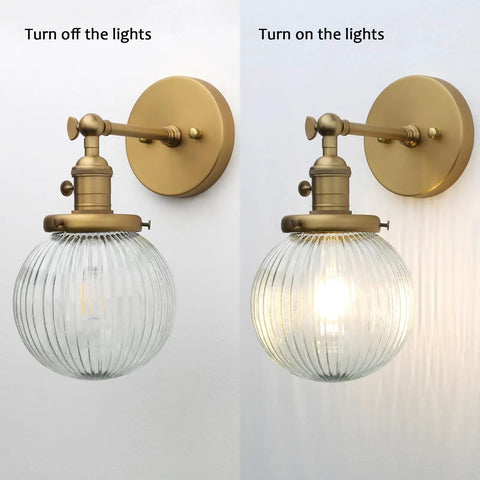 Vintage Industrial Wall Sconce Lighting Fixture with Five Point Nine Inch Round Clear Ribbed Glass Globe Antique Brass Gold Finish E26