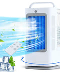 Portable Mini Personal Air Conditioner With Remote, 3 In 1 Evaporative Cooler showing air flow, ice cubes, and remote control