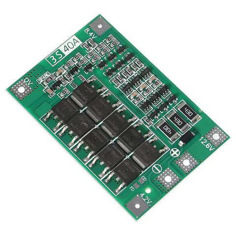 Close-up of 4 Pack 3S 40A Battery Management System for 18650 Li Ion Batteries with soldered connections and components.