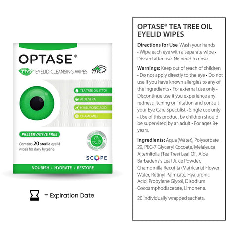 OPTASE TTO Eyelid Cleansing Wipes package, 20-count, individually wrapped tea tree oil wipes, preservative-free