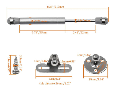 Four Pack 8 Inch Hydraulic Gas Lift Struts Soft Close Cabinet Door Supports 40 Newton Buffer Action with Mounting Hardware