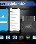 Portable OBD2 Scanner For Android iOS And Windows With Bluetooth Three Point Zero And BLE Four Point Zero Code Reader And Diagnostic Tool Compact In Car Gadget For Real Time Engine Data And Fault Codes For Easy DIY Car Troubleshooting displayed with compatible apps on smartphones and product unit.
