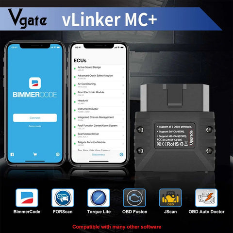 Portable OBD2 Scanner For Android iOS And Windows With Bluetooth Three Point Zero And BLE Four Point Zero Code Reader And Diagnostic Tool Compact In Car Gadget For Real Time Engine Data And Fault Codes For Easy DIY Car Troubleshooting displayed with compatible apps on smartphones and product unit.