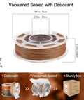 Wood Like PLA Filament Bundle For 3D Printing 1.75mm spool, shown vacuum sealed with desiccant for moisture protection