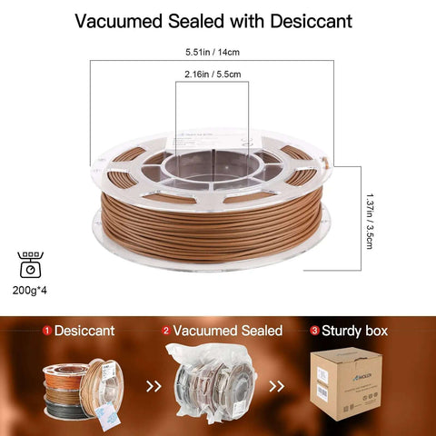Wood Like PLA Filament Bundle For 3D Printing 1.75mm spool, shown vacuum sealed with desiccant for moisture protection
