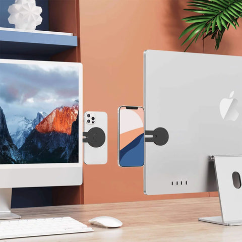 Ultra Thin Aluminum Laptop Phone Holder With Magnetic Quick Mount, Easy Adjustable Stand for laptops and phones, silver in use