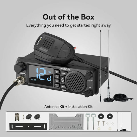 Long Range DIN Mount CB Radio Kit with NRC Noise Canceling, front speaker, mic, and antenna, for trucker and off-road use.