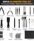 Ultimate All In One 63 Piece 3D Printing Tool Kit with deburring blades, nozzle cleaners, files, tweezers, wire cutters, brushes, and more