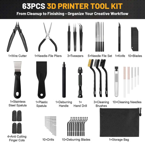 Ultimate All In One 63 Piece 3D Printing Tool Kit with deburring blades, nozzle cleaners, files, tweezers, wire cutters, brushes, and more