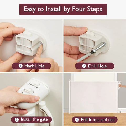Four-step installation guide for Retractable Baby Gate Mesh Barrier For Doorways And Stairs, 33-Inch Tall, Expands To 55-Inch Wide.