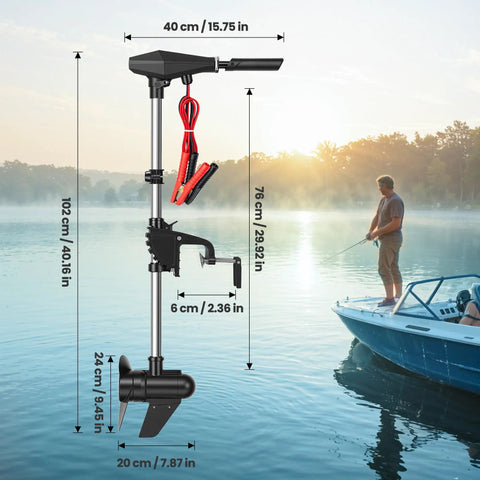 Badass 58 Lbs Brushless Electric Trolling Motor With Stepless Speed Control And 30 Inch Shaft with red cables and dimensions.