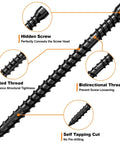 Diagram of No 10 Hidden Deck Screws 2-3/8 Inch showing features like tilted thread, self-tapping cut, and bidirectional thread.