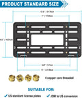Front License Plate Bracket With Full Border In Black ABS, 4 Hook Design, Copper Core Inserts, dimensions shown