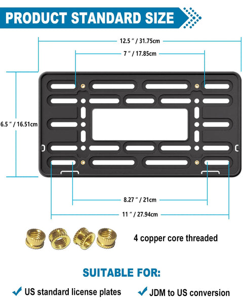 Front License Plate Bracket With Full Border In Black ABS, 4 Hook Design, Copper Core Inserts, dimensions shown
