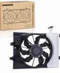 Top Shelf Engine Radiator Cooling Fan Assembly For Hyundai Elantra Kia Forte 2013 2017 1.8L 2.0L with black blades and white shroud.