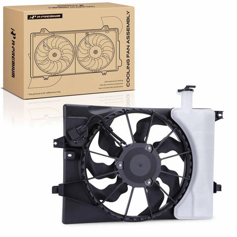 Top Shelf Engine Radiator Cooling Fan Assembly For Hyundai Elantra Kia Forte 2013 2017 1.8L 2.0L with black blades and white shroud.