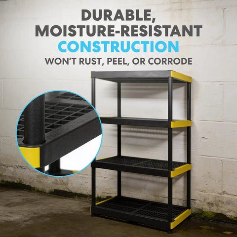 Four Tier Heavy Duty Plastic Storage Shelving Unit With 24 Inch Deep Bins For Garage And Basement Setup Rock Solid Modular Rack, durable moisture-resistant construction