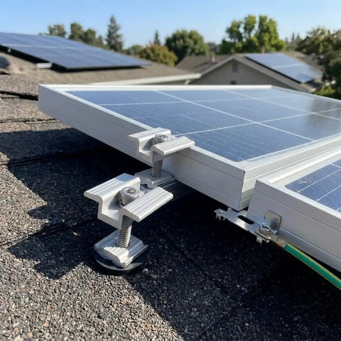 Heavy Duty Solar Panel Mid Clamp Fastener For PV Mounting System 8 Piece Set Anodized Aluminum clips on roof.