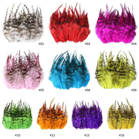 Assorted dyed rooster saddle feathers in various colors including Natural Pheasant Feathers 50 Pcs For DIY Crafts, Fly Tying, Jewelry Making.