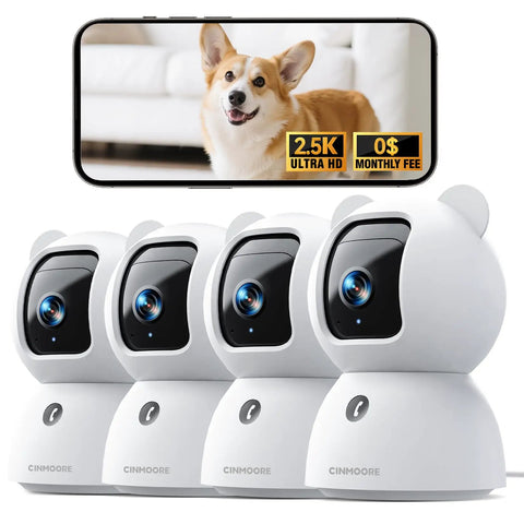 Four white cameras from 2.5K Indoor Security Camera 4 Pack With Free AI Person Pet Cry Detection No Subscriptions 4MP Home Surveillance