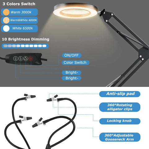 All In One Soldering Station Kit With 10X LED Magnifier Lamp And Lighted Glass Stand showing color switch and adjustable arms.