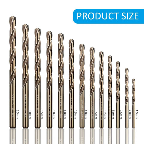 Cobalt Drill Bits Set 13Pcs M35 HSS Jobber Bits For Hard Metal And More 1.5 To 6.5Mm Fits Most Power Drills Beefy Steel Case