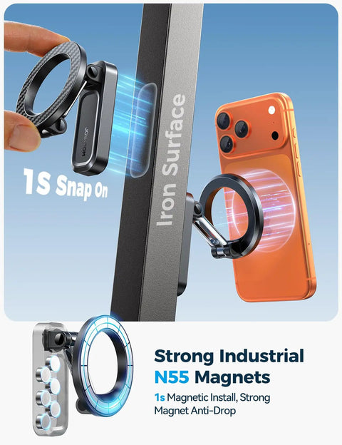 Magnetic Golf Cart Phone Holder with 360° Rotatable Base, showing N55 magnets, attached to metal surface for portable mount use