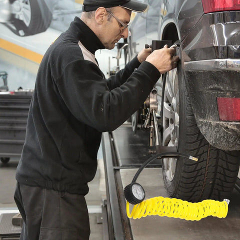 Top Tier Yellow PU Coil Air Hose With Quick Lock Connector For Air Compressor And Pneumatic Tools Delivering Rock Solid Durability High Pressure Hold And No Sweat Installation In A Smooth Five Meter Length, used while inflating a tire.