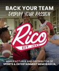 Family enjoying sports-themed memorabilia with "Back Your Team, Display Your Passion" slogan from Rico, Est. 1944 visible.