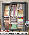 Portable Closet Wardrobe Organizer With Dustproof Cover Freestanding Storage Rack Hella Spacious Clothes Armoire For Dorm Or Apartment Straight Up Easy Pop Up Build Grey displaying hanging clothes and storage compartments.