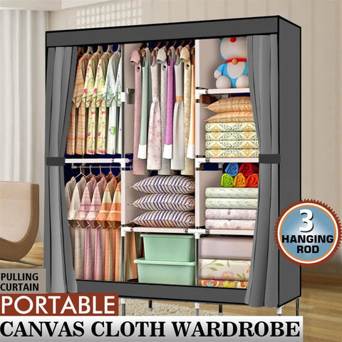 Portable Closet Wardrobe Organizer With Dustproof Cover Freestanding Storage Rack Hella Spacious Clothes Armoire For Dorm Or Apartment Straight Up Easy Pop Up Build Grey displaying hanging clothes and storage compartments.