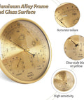 Three In One All Season Wall Hanging Weather Station With Thermometer Barometer And Hygrometer For Home And Office In Fahrenheit Edition Indoor Outdoor Use Accurate Temperature Humidity And Air Pressure Readings showing close-up on aluminum frame and glass surface.