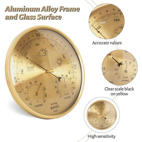 Three In One All Season Wall Hanging Weather Station With Thermometer Barometer And Hygrometer For Home And Office In Fahrenheit Edition Indoor Outdoor Use Accurate Temperature Humidity And Air Pressure Readings showing close-up on aluminum frame and glass surface.