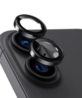 Rugged Camera Lens Protector For iPhone 17 16 And 16 Plus With 9H Tempered Glass And Aluminum Frame close-up on black iPhone
