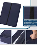 Navy Blue Outdoor Ottoman Cushions 2 Pack 23 Inch By 19 Inch By 3 Inch Waterproof Fade Resistant Removable Patio Cushions With Adjustable Straps For Stools So You Can Kick Back In Comfort showing hook and loop fastener, close-up of cushion material and zipper closure.