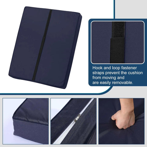 Navy Blue Outdoor Ottoman Cushions 2 Pack 23 Inch By 19 Inch By 3 Inch Waterproof Fade Resistant Removable Patio Cushions With Adjustable Straps For Stools So You Can Kick Back In Comfort showing hook and loop fastener, close-up of cushion material and zipper closure.