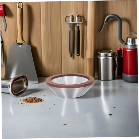 Diamond Cup Grinding Wheel Perfect For Metal And Stone Sharpening Tasks with a silver finish placed on a kitchen counter.