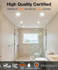 Bright bathroom with Sylvania Slim Microdisk Downlight, 12W, 5 CCT Select (2700K - 5000K) Recessed Lighting, 1000 LMS, 90 CRI, Dimmable, Wet-Rated, White, 6 inch - 6 Count (Pack of 6)(61190) illuminating the shower area.