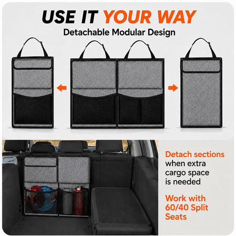Multi Pocket Rear Seat Bag Optimized For Tesla Cybertruck 2023 Through 2026 showing detachable sections and modular design.