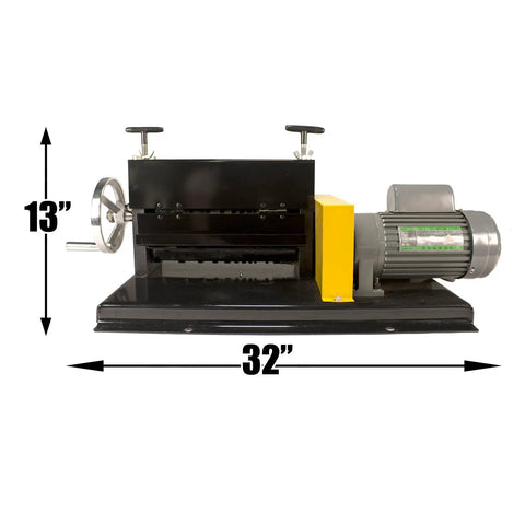 Pro Grade Bench Top Automatic Electric Wire Stripper With Emergency Stop, Safety Guards, 1.5 Inch Capacity, showing dimensions.