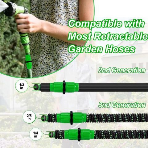 Top Notch Casendy Expandable Garden Hose Repair Kit With 10 Dual-Channel Female Male Plastic Connectors For 3/4 And 5/8 Inch Hoses Leaking No More Watertight Design Keeps Strong Water Pressure. Connected retractable garden hose close-up with green plastic repair fitting