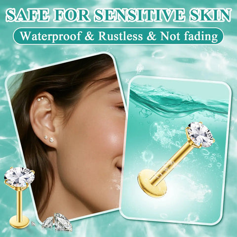 4 Pairs 16G Flat Back Stud Earrings Set in Hypoallergenic Surgical Steel With Four Sizes 2mm 3mm 4mm 5mm And Pin Lengths 6mm 6mm 7mm 8mm For Everyday Wear And All Day Comfort, gold flat-back stud with clear gem